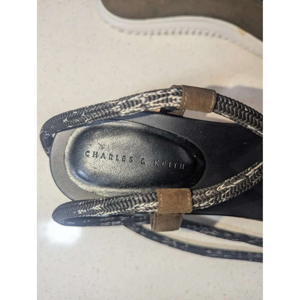 Charles & Keith Olive Brown Rope Lace Up Platform Wedge Sandals‎ Size 38